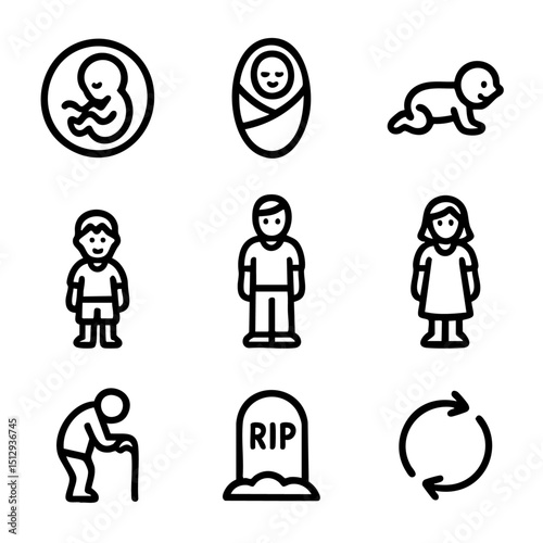 A set of doodle line icons depicting the human life cycle from fetus to old age, including death and the concept of life renewal