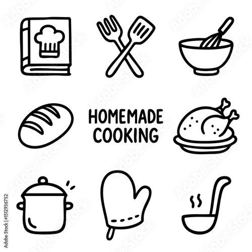 A set of doodle line icons illustrating homemade cooking with bread, utensils, pots, recipes, and food preparation for culinary themes