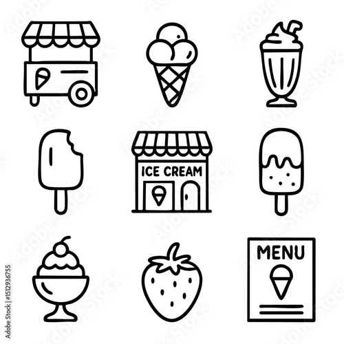 A set of doodle line icons featuring ice cream, popsicles, sundaes, menus, and dessert stands for sweet treat and summer themes