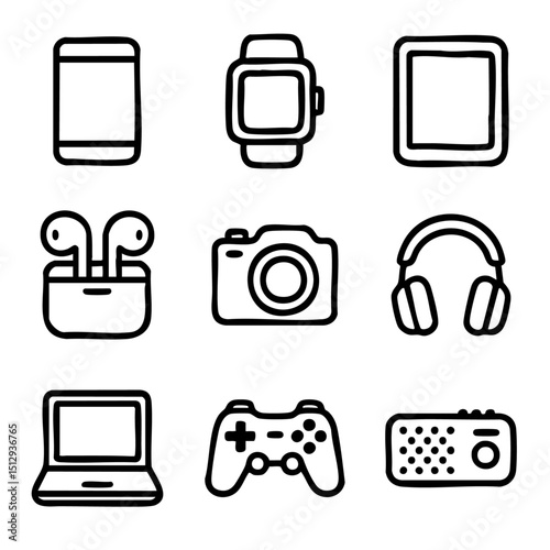 A set of doodle line icons featuring modern electronic gadgets like smartphones, headphones, laptops, and controllers for tech-related themes