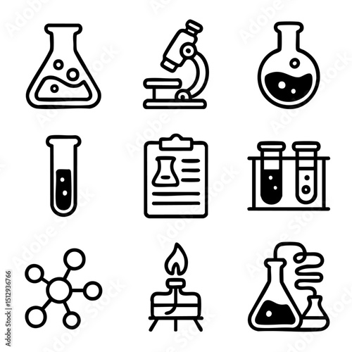 A set of doodle line icons illustrating science lab tools, chemistry flasks, test tubes, and research symbols for educational and scientific use