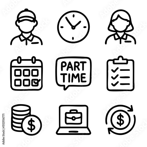 A set of doodle line icons representing part-time jobs, work schedules, employees, task management, and earning concepts for employment themes