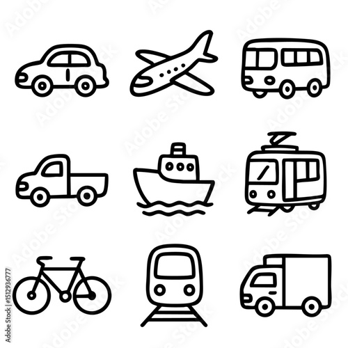 A set of doodle line icons showing various transportation modes including cars, planes, trains, bikes, and ships for travel and mobility themes