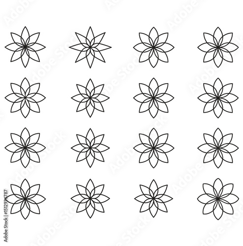Collection of black and white linear Arabic oriental floral vector elements. Traditional arabesque icons, ornaments and patterns. Abstract flower symbols and logos in ornamental Islamic
