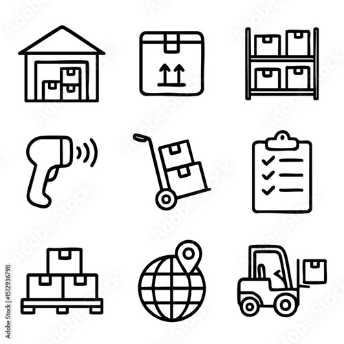 A set of doodle line icons showing warehouse logistics, storage, shipping boxes, tracking, and inventory tools for supply chain and delivery systems