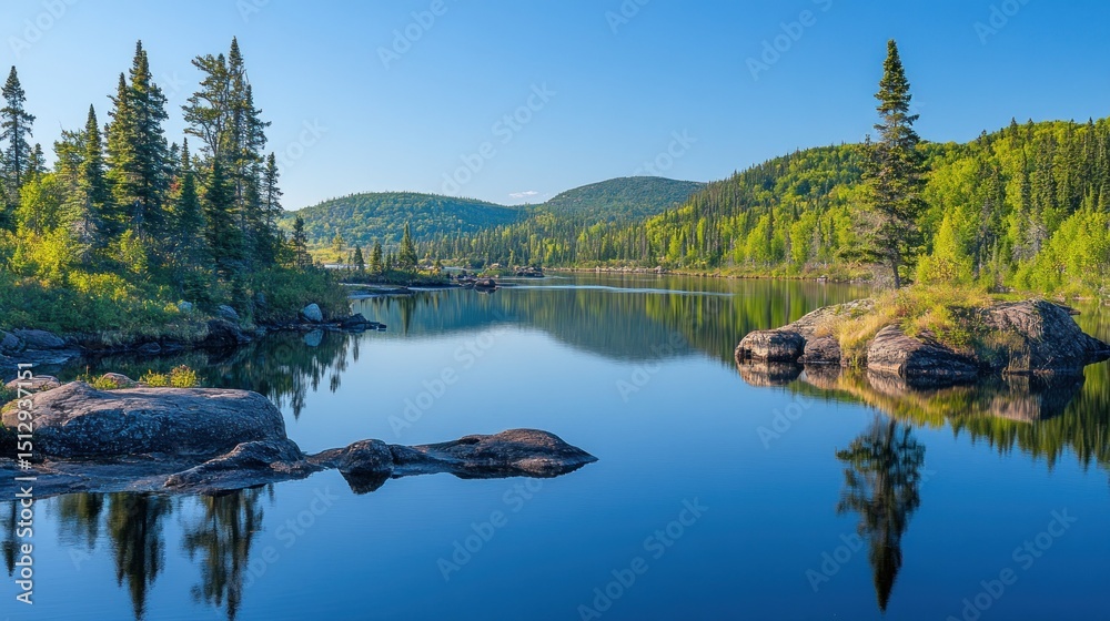 Naklejka premium Serene Lakeside Reflections in a Northern Wilderness
