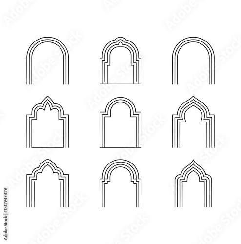 Line art Set of gold ornament arab windows and door. Vector illustration. Ramadan Kareem design element, invitation or card template. Arabic traditional architecture, beautiful arabesque motif pattern