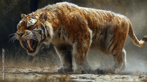 Ferocious sabertooth tiger strides powerfully, showcasing its imposing presence in nature