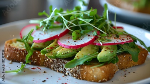 Fresh avocado toast topped with radishes arugula and microgreens styled beautifully on a minimalist white plate