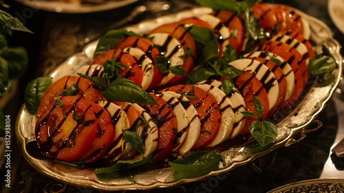 Fresh caprese salad with alternating slices of ripe tomatoes mozzarella and basil drizzled with balsamic glaze