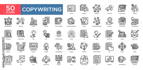 Copywriting collection set. Newspaper, Marketing , Advertising, Social Media Marketing , Concept, Content Writing , Idea, Creative Team, icon. Simple outline vector illustration