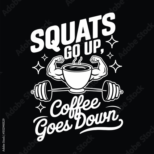 Squats Go Up Coffee Cup with Biceps and Barbell on Transparent Background