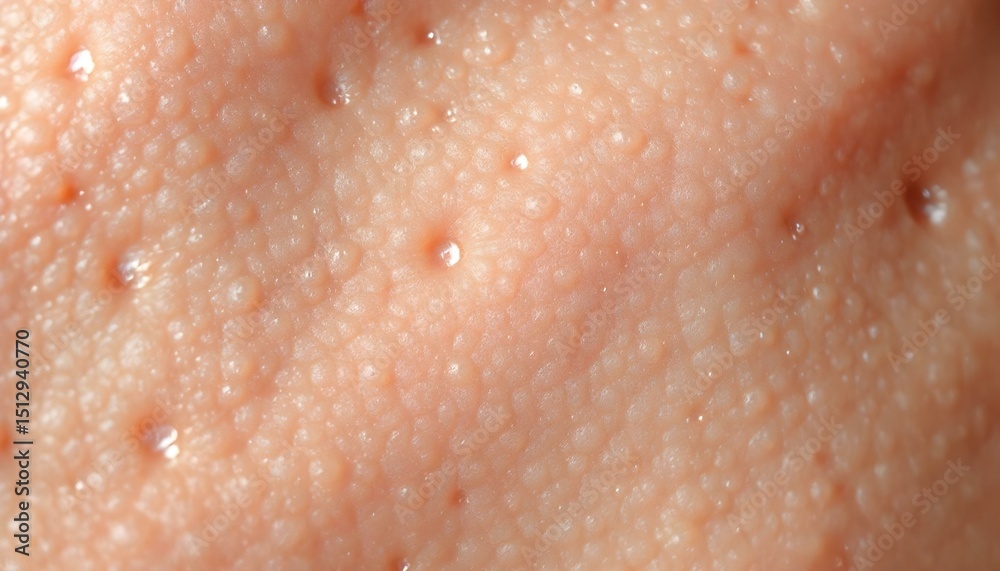 Fototapeta premium Zoomed-in shot of skin with small bumps, highlighting acne, surrounded by a blurred backdrop of dermatology products