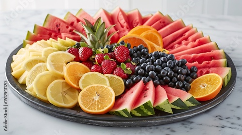 Fresh summer fruit platter with watermelon pineapple berries and citrus slices arranged in a vibrant display