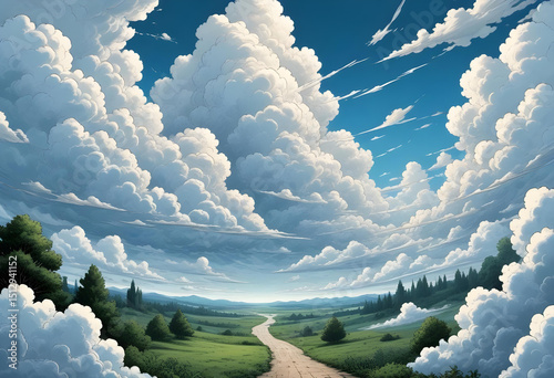 Serene cloudy sky over a peaceful natural landscape creating a heavenly and tranquil atmosphere full of calm

