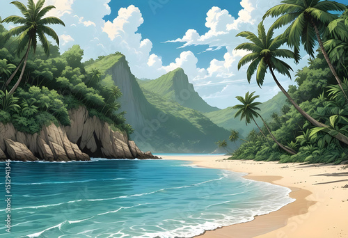 Beautiful serene tropical island with clear turquoise waters white sandy beach and lush green palm trees

