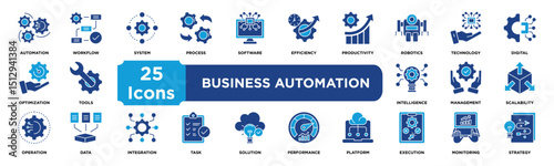 Business Automation icon collection set. Containing automation,workflow,system,process,software,efficiency,productivity,robotics,technology,icon. Solid vector icons collection. vector.