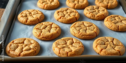 Golden brown peanut butter cookies, slightly cracked tops, on baking sheet, cookies,   food photography photo
