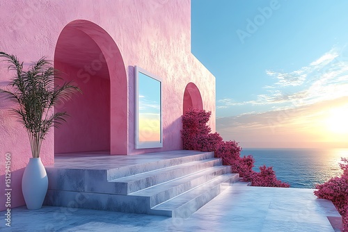 Serene Seaside Entrance Mockup with Pink Walls and Marble Steps

 photo