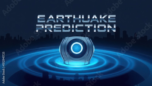 Earthquake prediction device with blue glowing rings and city skyline in the background design