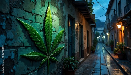 Marijuana Leaf Mural on Old City Wall at Night