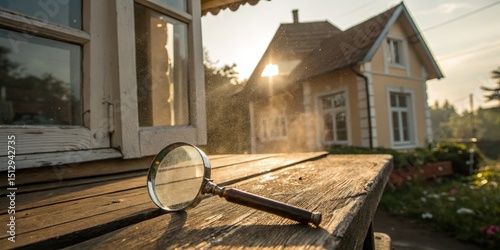 Magnifying Glass on Wooden Bench, Sunlit House Background, Property Inspection, Real Estate, Home Search Real Estate, Property Inspection
