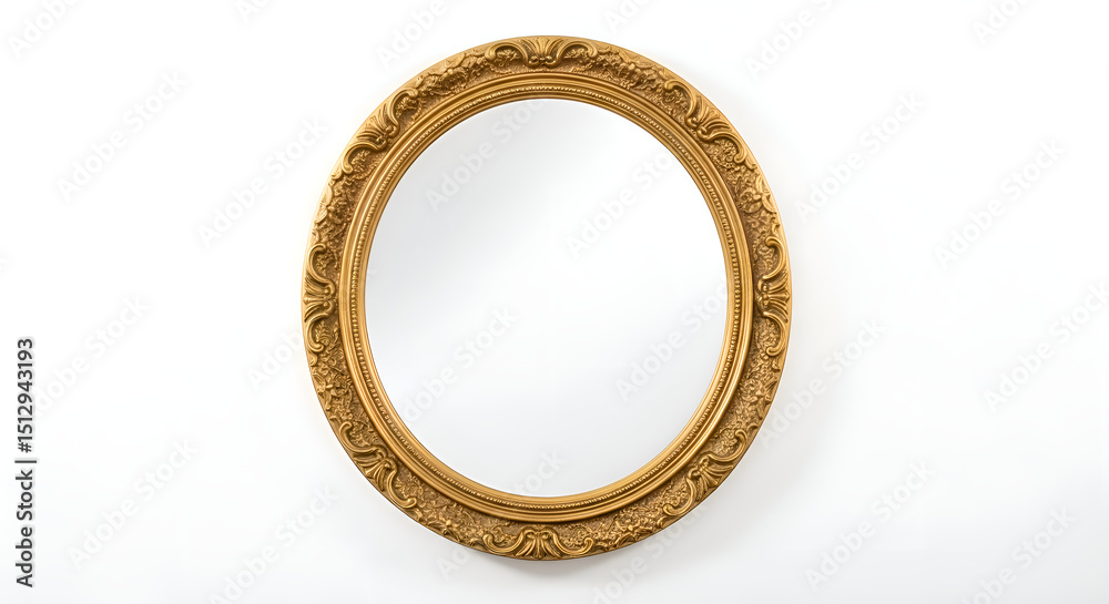 A round wall mirror with a golden frame on a white studio background A round wall mirror with a golden frame on a white studio background
