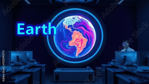 Futuristic laboratory with earth hologram display and scientist at computer workstation setting
