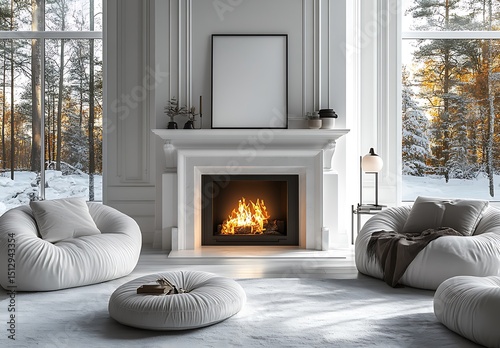 Cozy living room mockup with bean bag chairs fireplace and snowy view

 photo