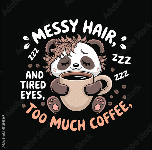 Cartoon Panda with Messy Hair Holding Coffee Cup on Transparent Background