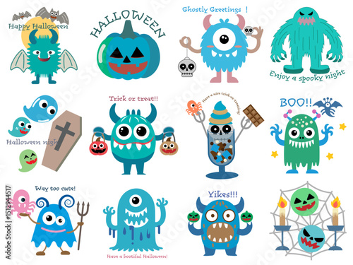 ハロウィーン■ハロウィンパンプキン＆モンスターのイラストセット	
