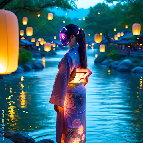 Cyberpunk Yukata Woman at Summer Festival