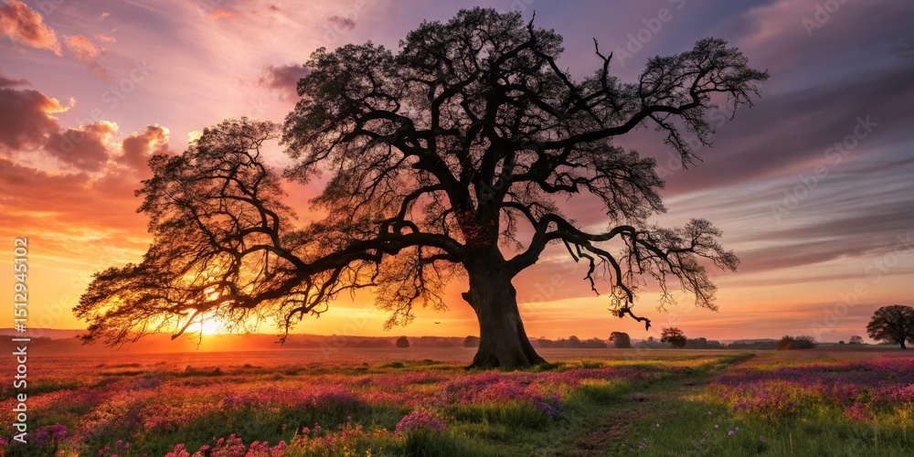 Obraz premium Sunset Silhouette Majestic Oak Tree in Blooming Field, landscape photography, nature Nature Photography, Sunrise