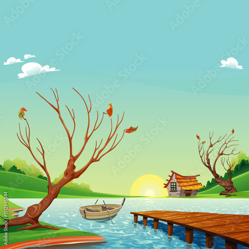 Idyllic Lakeside Sunset Scene with Wooden Pier, Rowboat, Rustic Cabin, and Bare Trees