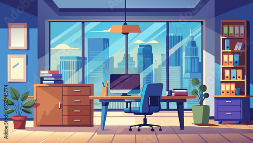 Illustration of an office interior with a city view
