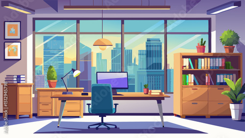 Illustration of a modern office interior with city view
