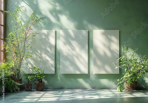 Blank canvas mockup on green wall with potted plants and sunlight

