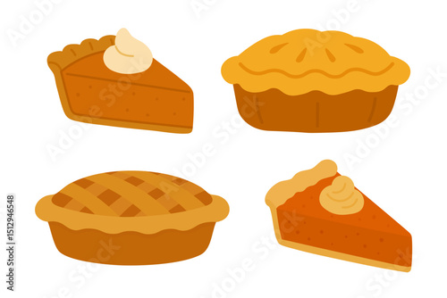 Vector illustration of whole pies and pie slices with crust and cream, isolated on white background.