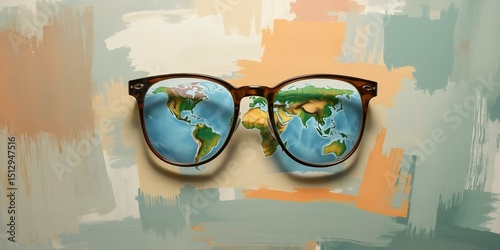 Global View: A pair of eyeglasses reflects the continents of the world, offering a unique perspective on the globe, symbolizing global awareness, travel, and exploration.