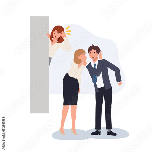 office gossip concept. hidden woman behind wall overhearing office coworkers. vector illustration