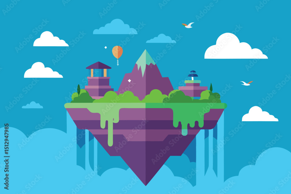Naklejka premium Fantasy Floating Island with Waterfalls and Mountains – Flat Vector Illustration
