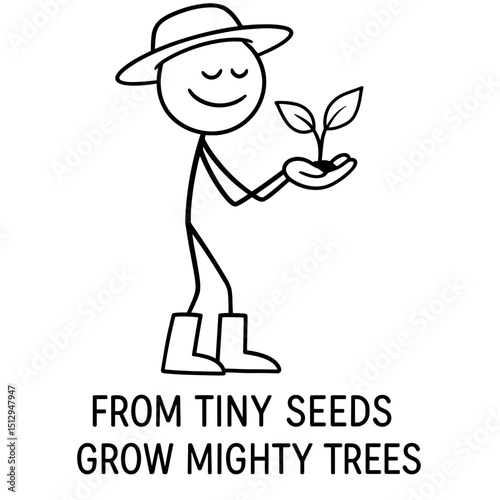 Stick figure farmer holding seedling with quote in black and white