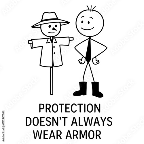 Stick figure and scarecrow with quote on protection in black and white