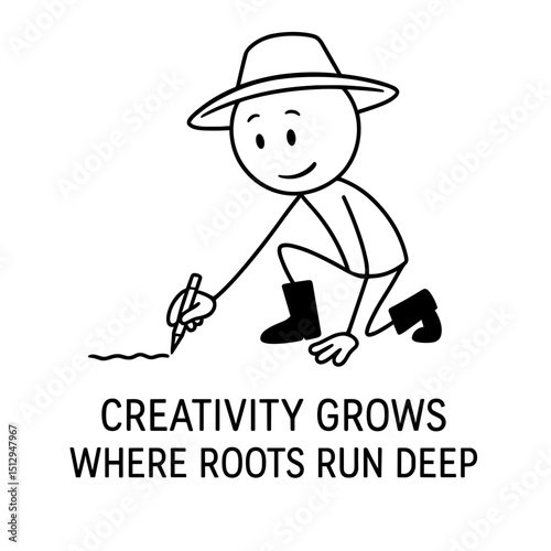 Stick figure farmer writing in soil with quote in black and white