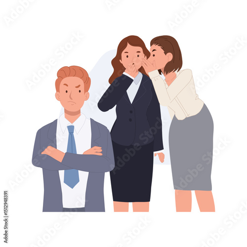 gossip office female employees whisper secret in front of angry boss .workplace drama concept