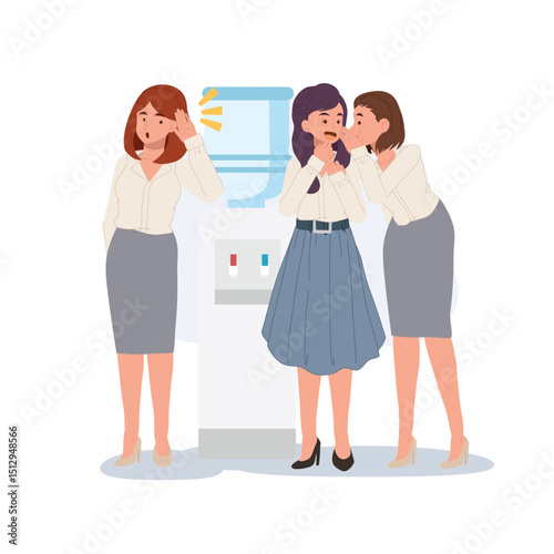 two female coworkers gossip beside an office water cooler as another woman secretly listens. office gossip vector illustration
