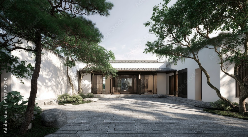 Obraz premium A serene courtyard house, minimalist white walls, stone paving, shaded by lush green trees, tranquil atmosphere, featuring traditional Asian architectural elements