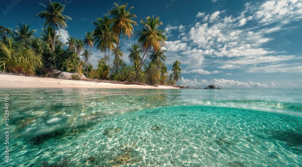 Fototapeta premium Idyllic tropical beach scene with crystal-clear turquoise water lapping a white sand shore, fringed by lush palm trees under a vibrant blue sky dotted with fluffy white clouds