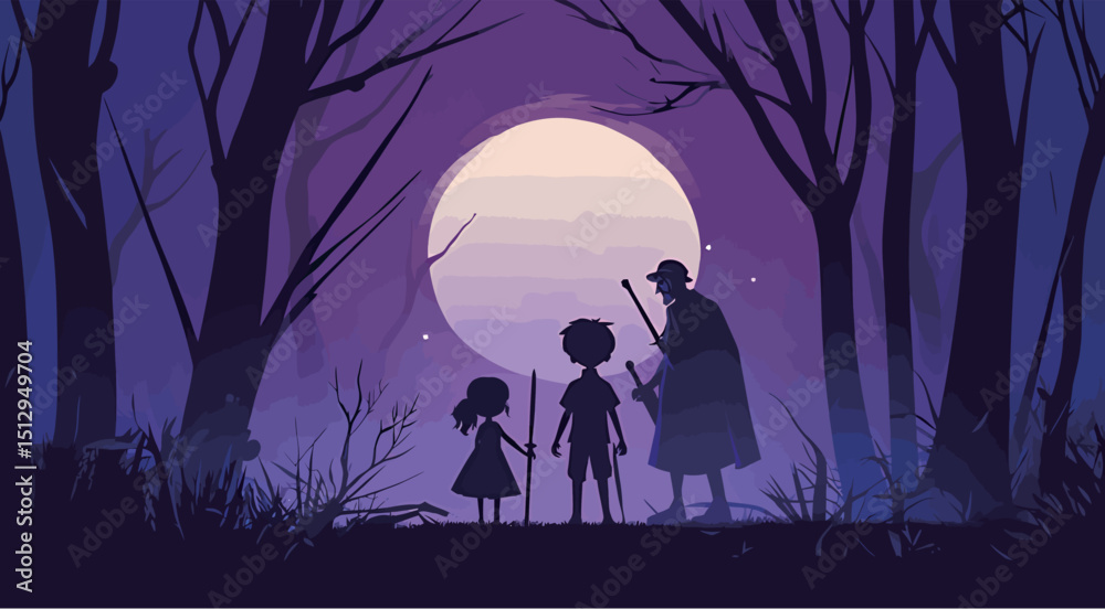 Naklejka premium Silhouettes of two children and an adult against a mystical moonlit forest.