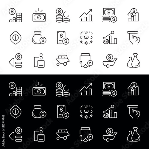 Financial profit set of web icons. Money income linear icons collection. Money saving, financing, growth, investment, payment, earning, management etc., high resolution vector file